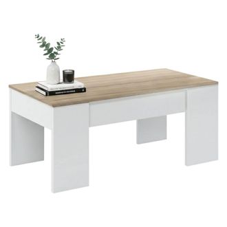 Dmora Dmora - Mesa De Centro Dleal, Mesa De Centro Con Tapa Elevable, Mesa De Centro Para La Sala De Estar, 100x50h45/56 Cm, Blanco Y Roble