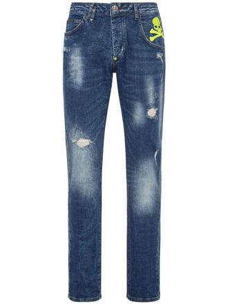 Philipp Plein Skull paint-splatter straight-leg jeans - men - Polyester/Elastane/Cotton/Cotton/Polyester - 31 - Blue