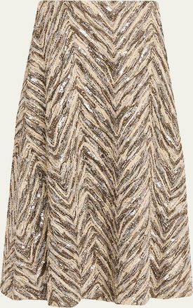 Brunello Cucinelli Chevron Sequined Superlight Tulle Midi Skirt