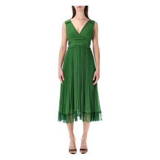 Self Portrait Party Dresses, female, Green, Size: 2XS Pleated Chiffon Midi Dress