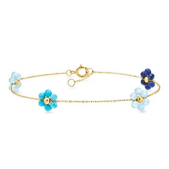 RS Pure by Ross-Simons Lapis, Turquoise and Aquamarine Bead Flower Station Bracelet in 14kt Yellow Gold