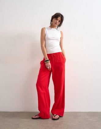 Topshop Pantaloni dritti in lino rosso con fondo ampio