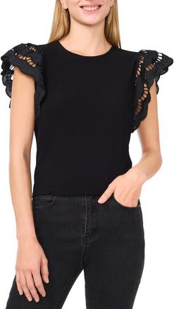 CeCe by Cynthia Steffe Embroidered Flutter Sleeve Mixed Media Top in Rich Black at Nordstrom, Size X-Large