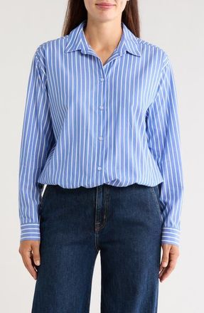Beach Lunch Lounge Marin Stripe Cotton Crop Bubble Hem Shirt in Rustic Blueberry at Nordstrom, Size X-Small