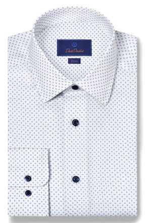 David Donahue Slim Fit Neat Stretch Cotton Dress Shirt in White/Navy at Nordstrom, Size 17.5 - 34
