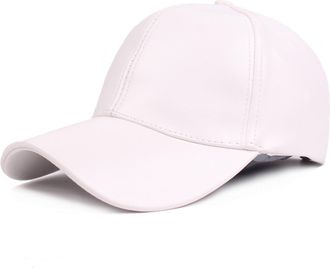 Generic Men Women Leather Baseball Cap Adjustable All Seasons Solid Color Sports Hats Golf Hiking Running Trucker Caps for Elderly Father White