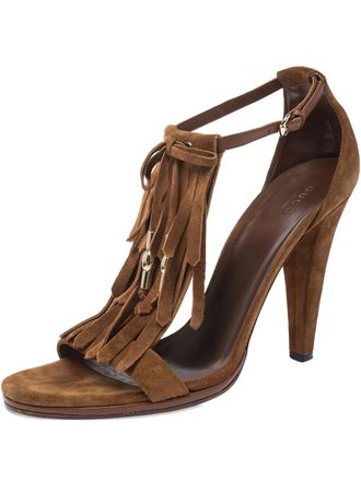 Gucci 110mm fringe-detail sandals - women - Calf Leather/Calf Leather/Calf Suede - 39.5 - Brown