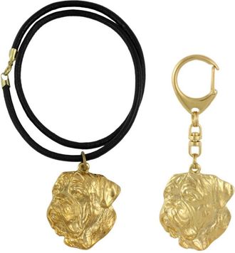 OEM Perro De Burdeos, Dogo De Burdeos, Mast&iacute;n Franc&eacute;s Ii - Llavero Y Collar Con Perro En Caja, Producto Ba&ntilde;ado En Oro De Alta Calidad, Marca Art-dog