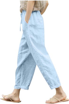 Generic Wide Leg Trousers for Women UK Baggy Linen Ladies Summer Palazzo Loose Lounge Trousers Holiday Beach Clothes Light Blue XL