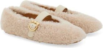 Ferragamo Gancio Genuine Shearling Ballet Flat in Merinillo Carino Mascarpone at Nordstrom, Size 10.5