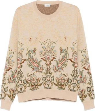 Etro Intarsia Gebreide Trui met Ronde Hals - Heren - Ronde hals truien - Beige - M - Wol - Truien & Vesten
