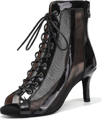 Generic Womens Latin Dance Shoes Womens Dance Heels Black with Mesh Peep Toe Ballroom Salsa Tango Performence Ankle Boots, 7 UK Comfortable Practice & Perform