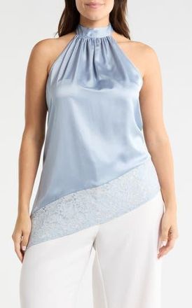Renee C Sleeveless Lace Trim Satin Asymmetric Top in Steel Blue at Nordstrom Rack, Size 2X