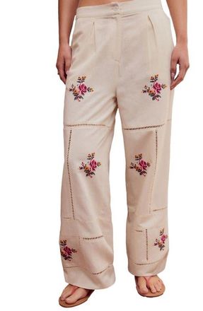 Next Floral Embroidered Wide Legs Pants in White at Nordstrom, Size 4 Us