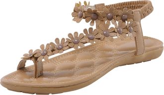 Generic Womens Summer Flip Flop Sandals with Decorative Bead and Floral Design for Casual Beach Wear Comfortable Flat Shoes (Khaki, 4.5)