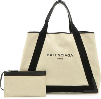 Balenciaga Pre-owned Navy Cabas Canvas Leather Tote Bag - Dames - Vintage Shopper - Beige - ONE Size - Leer - Vintage