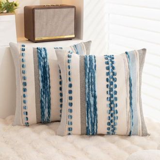Mr.Boho Throw Pillow Covers 18x18 Set of 2 Farmhouse Decorative Cushion Case Striped Square Pillows Cover Chenille Pillow Cases Accent Neutral Pillowcase for 