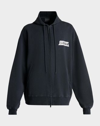 Balenciaga Men & apos;s Masking Tape Oversized-Fit Faded Fleece Full-Zip Hoodie
