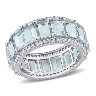 Amour 9 1/3 CT TGW Emerald Cut Aquamarine and 5/8 CT TW Diamond Eternity Ring In 14K White Gold