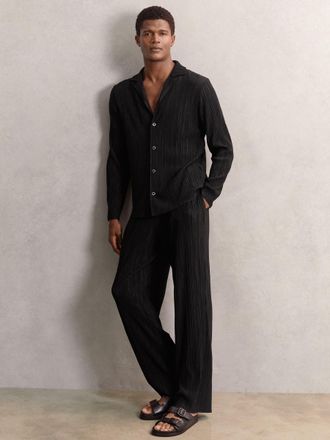 Reiss Black Wide Leg Plisse Trousers, 2XL