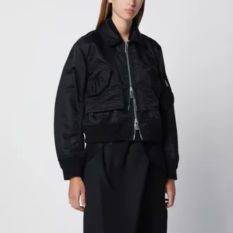 sacai Bomber con zip nero in nylon effetto satin