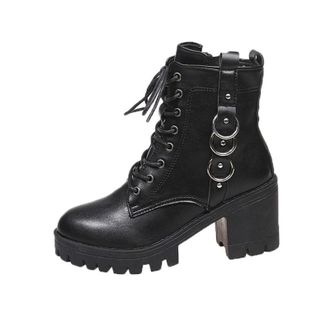 Generic Black Women Comfortable Ankle Boots Round Toe Front Lace Up Side Zipper High Heel for Indoor and Outdoor Scenes