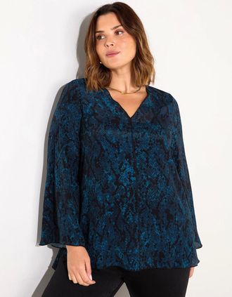 Live Unlimited London Womens Blue Snake Print V-Neck Blouse - Size: 28
