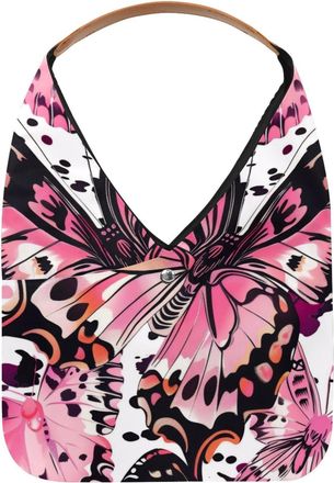 Generic Pink Butterfly Pattern Reusable Lightweight Grocery Bags - Foldable Into Compact Pouch, Washable & Sturdy, Multipurpose for Shopping and Travel