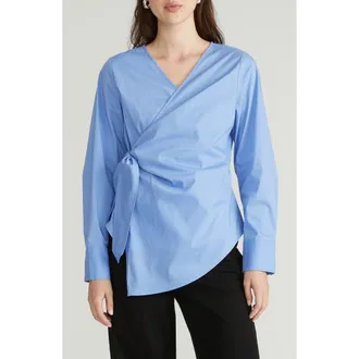 Universal Standard Stretch Cotton Blend Poplin Wrap Top in Light Blue at Nordstrom, Size Large