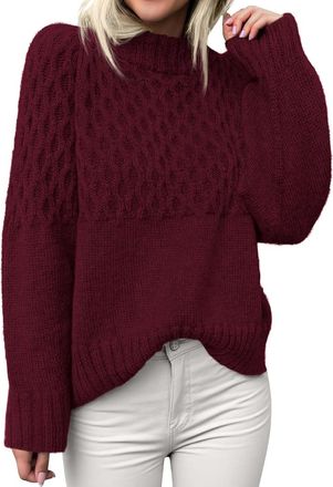 Generic Womens Mock Neck Cable Knit Jumper Long Puff Sleeve Loose Fit Pullover Sweater Warm Acrylic Autumn Winter Casual Top (UK, Alpha, XL, Regular, Regular,