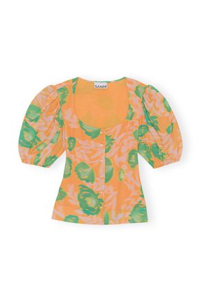 Ganni Printed Crepe Button Down Blouse - Size 10/12 Orange
