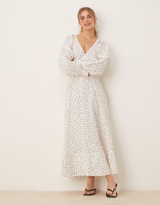 Asos Vestito lungo a maniche lunghe con scollo a V in popeline bianco a pois-Multicolore