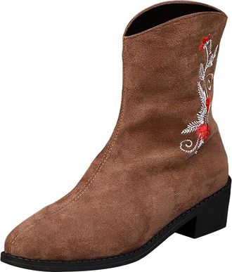 Generic Womens Embroidered Ankle Boots Low Block Heel Pointed Toe Retro Western Cowboy Booties with Side Zipper Casual Shoes Lightweight Autumn Winter size 5.