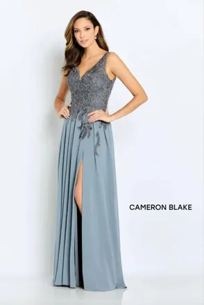 Mon Cheri Beaded Lace And Chiffon Gown In Gray