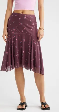 BP. Drop Waist Handkerchief Midi Skirt in Burgundy- Pink Shaylynn Ditsy at Nordstrom, Size Xx-Small