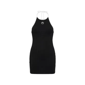 Marine Serre Short Dresses, female, Black, Size: XS Moon Logo Ribbed Jersey Halter Short Dress