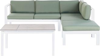 Beliani 5 Seater Garden Sofa Set with Table White Frame Glass Tabletop and Green Cushions Messina
