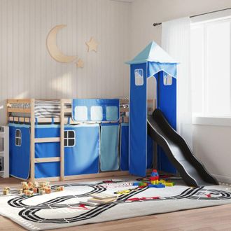 vidaXL Vidaxl - Letto a Castello con Scivolo e Tende Blu 90x190 cm