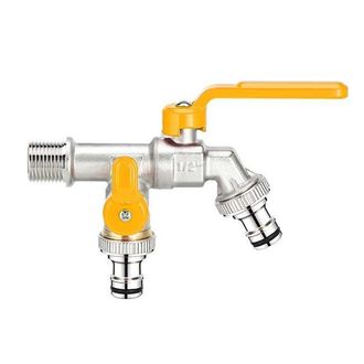 OEM Grifo De Jard&iacute;n De Lat&oacute;n De 1/2, Doble Salida Y Doble Cabezal, 1/2 X 3/4 X 3/4 [rosca Amarilla Extendida De 4 Puntos]
