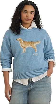 Lauren Ralph Lauren Plus Size Intarsia-Knit Golden Retriever Sweater Womens Sweater Blue Note Heather : 2X, Cotton