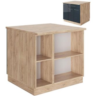 Vicco Isla De Cocina Fame-line, Azul Oscuro Alto Brillo/roble Dorado, 90 Cm Con Caj&oacute;n, Sin Encimera