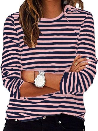 Generic Casual Long Sleeve Striped Tops for Women UK Plus Size Crewneck Colorblock Tunic Tops Cotton Lightweight Thin Jumper with Side Split White Green Blue 