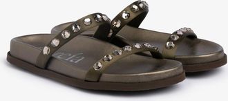 Pedro Garcia Double band flat slide in green satin and cristals | Doyel | Spring Summer 26 | PEDRO GARCIA