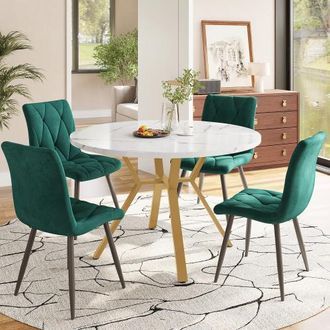 OEM Set Da Pranzo, Set Tavolo E Sedie (5 Pezzi), Moderno, Semplice Set Tavolo E Sedie Rotondi In Marmo, Gambe Del Tavolo In Metallo Color Oro + 4 Sedie Er