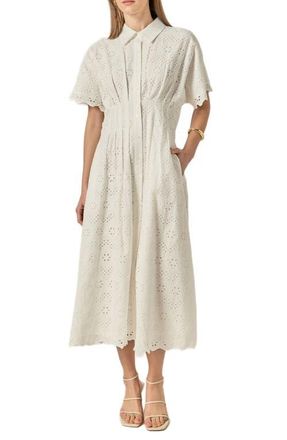 English Factory Eyelet Cinched Waist Midi Shirtdress in White at Nordstrom, Size X-Small