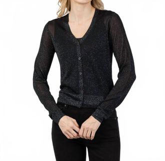 Kinross Cashmere Shimmer Button Front Vee Cardigan In Black