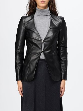 Liu Jo Slim Fit Cropped Faux Leather Blazer with Deep V-Neck