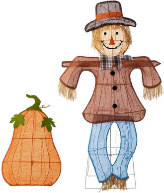 Glitzhome Handmade Set Of 2 Lighted Fall Scarecrow & Pumpkin Outdoor Decor