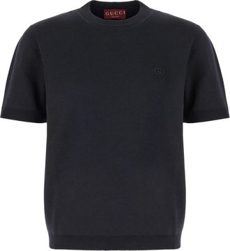 Gucci Zijden Katoenen T-shirt met Borduursel - Heren - Ronde hals truien - Blauw - 2XL - Katoen - Truien & Vesten