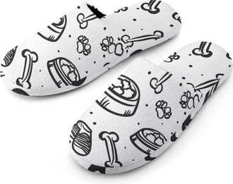 Generic Dog Paw And Bones Doodle Warm Mens Slippers Slip On Soft Fleece House Shoes Winter Indoor Outdoor